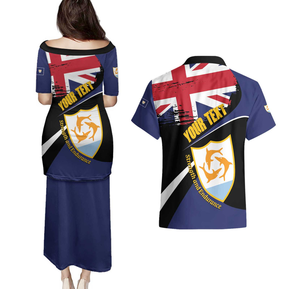 Personalised Anguilla Couples Matching Puletasi and Hawaiian Shirt Strength and Endurance Grunge