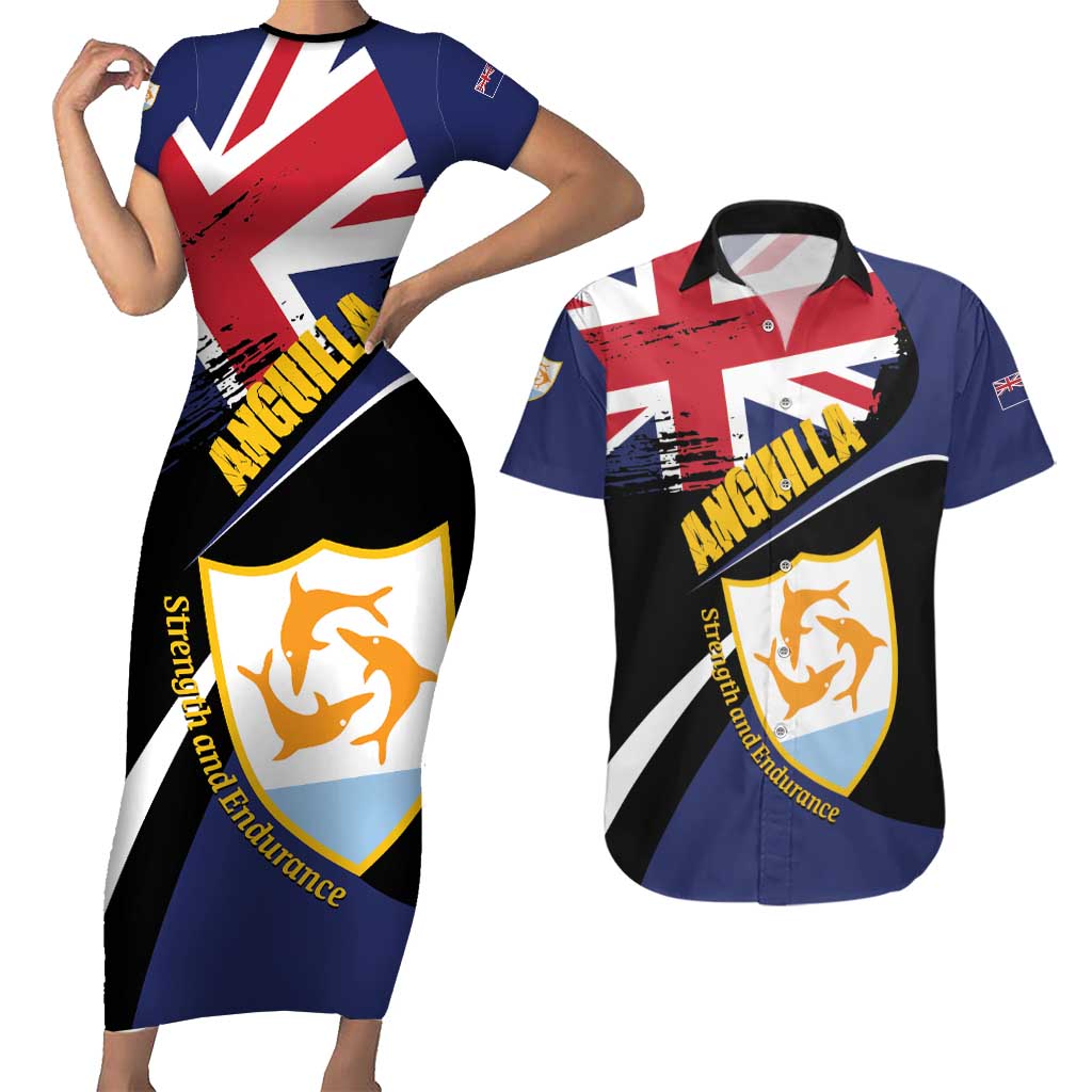 Personalised Anguilla Couples Matching Short Sleeve Bodycon Dress and Hawaiian Shirt Strength and Endurance Grunge