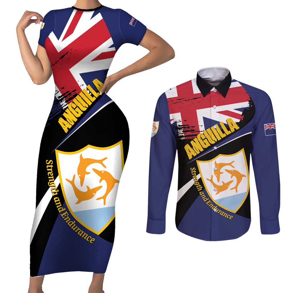 Personalised Anguilla Couples Matching Short Sleeve Bodycon Dress and Long Sleeve Button Shirt Strength and Endurance Grunge