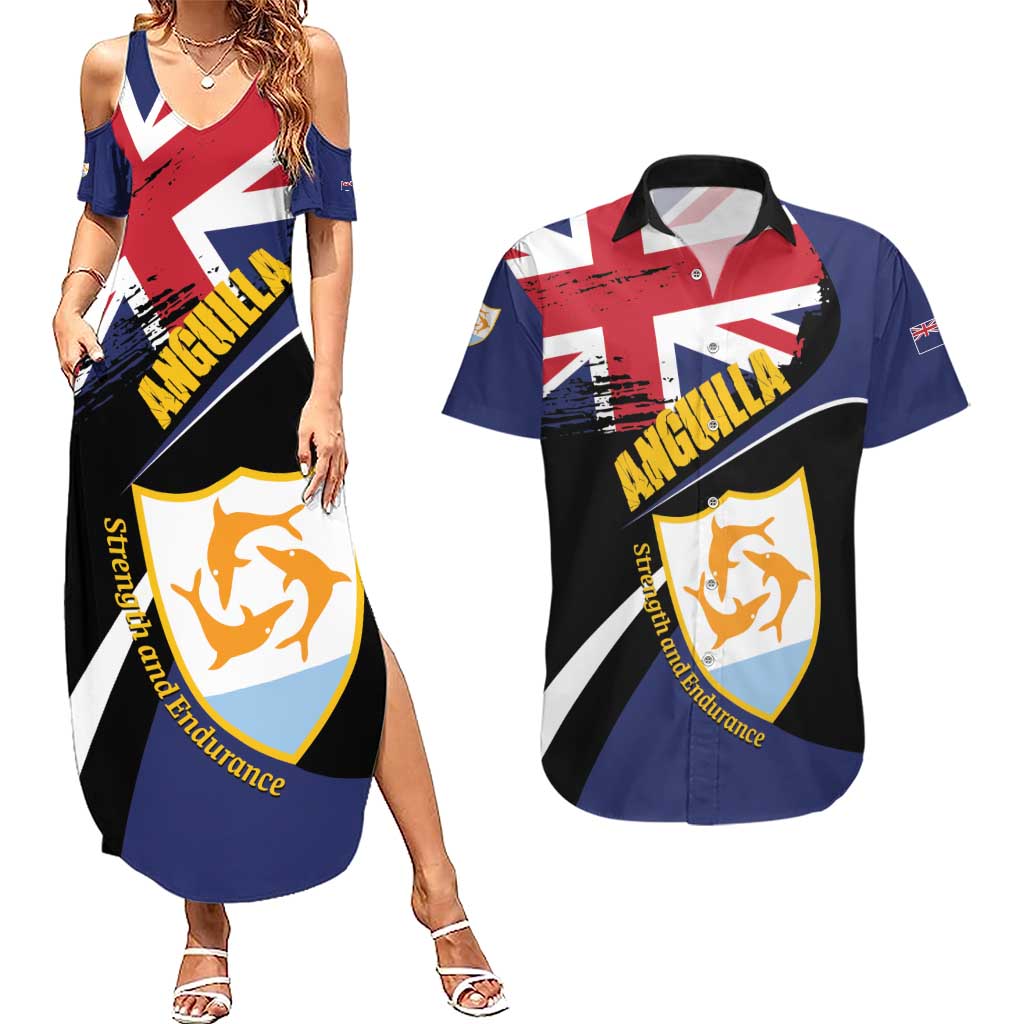 Personalised Anguilla Couples Matching Summer Maxi Dress and Hawaiian Shirt Strength and Endurance Grunge