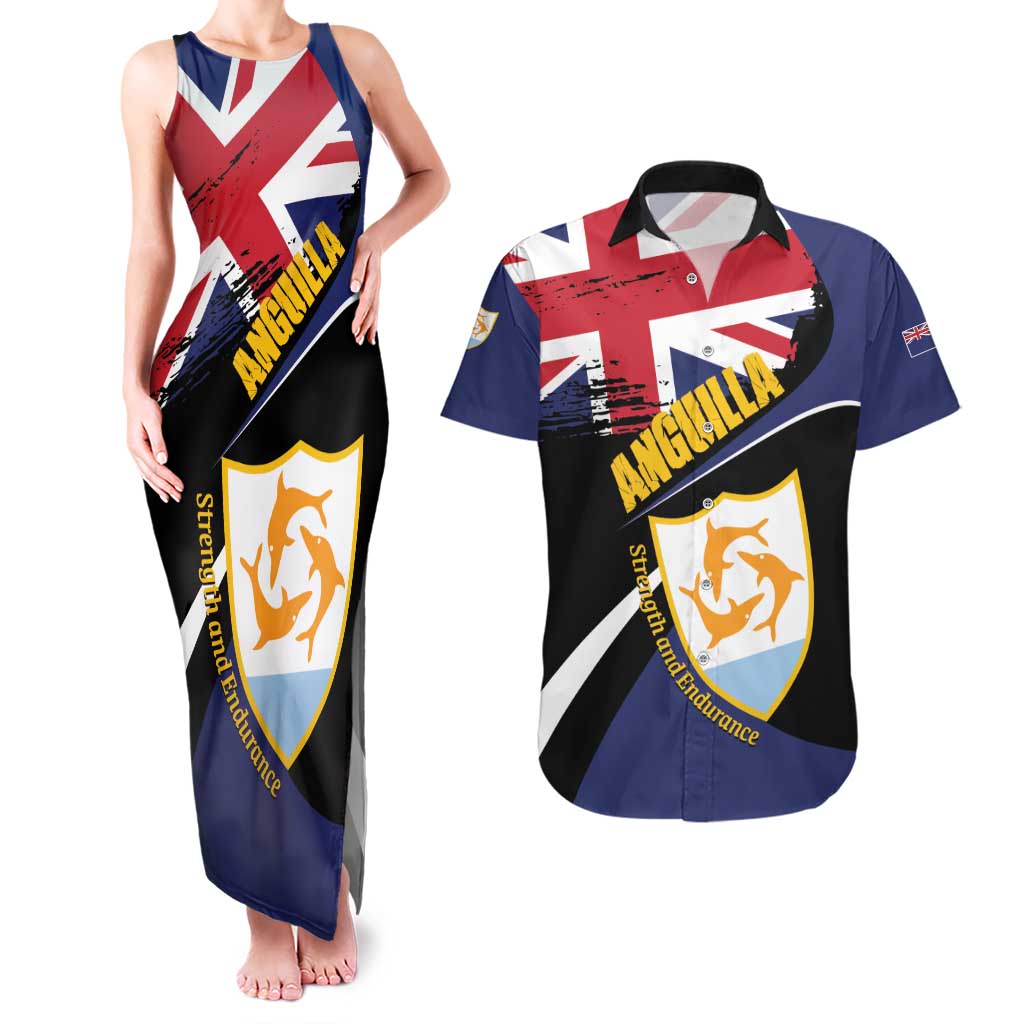 Personalised Anguilla Couples Matching Tank Maxi Dress and Hawaiian Shirt Strength and Endurance Grunge