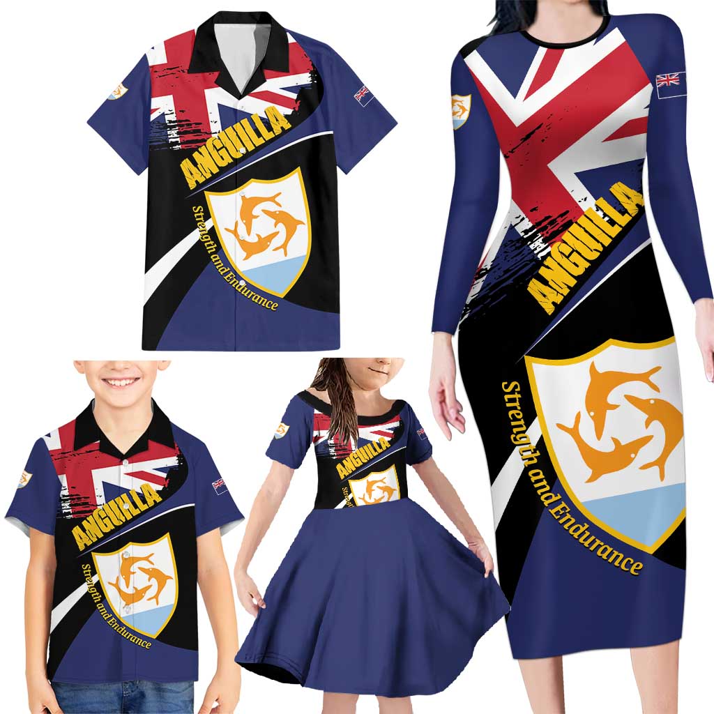 Personalised Anguilla Family Matching Long Sleeve Bodycon Dress and Hawaiian Shirt Strength and Endurance Grunge