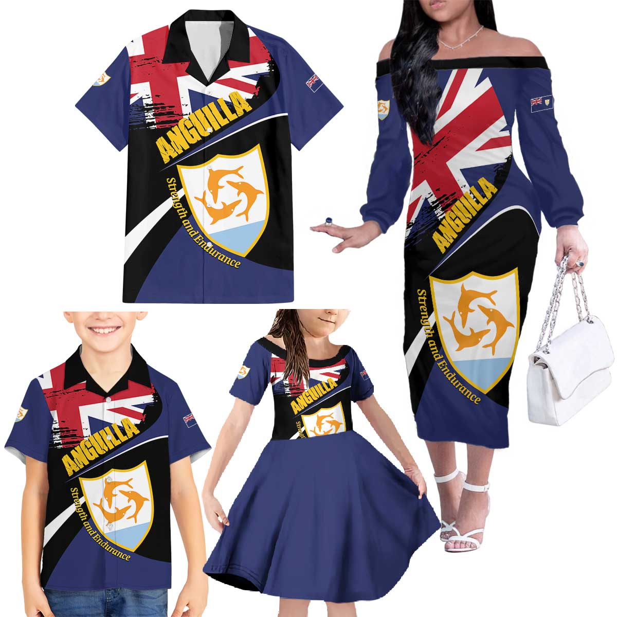 Personalised Anguilla Family Matching Off The Shoulder Long Sleeve Dress and Hawaiian Shirt Strength and Endurance Grunge