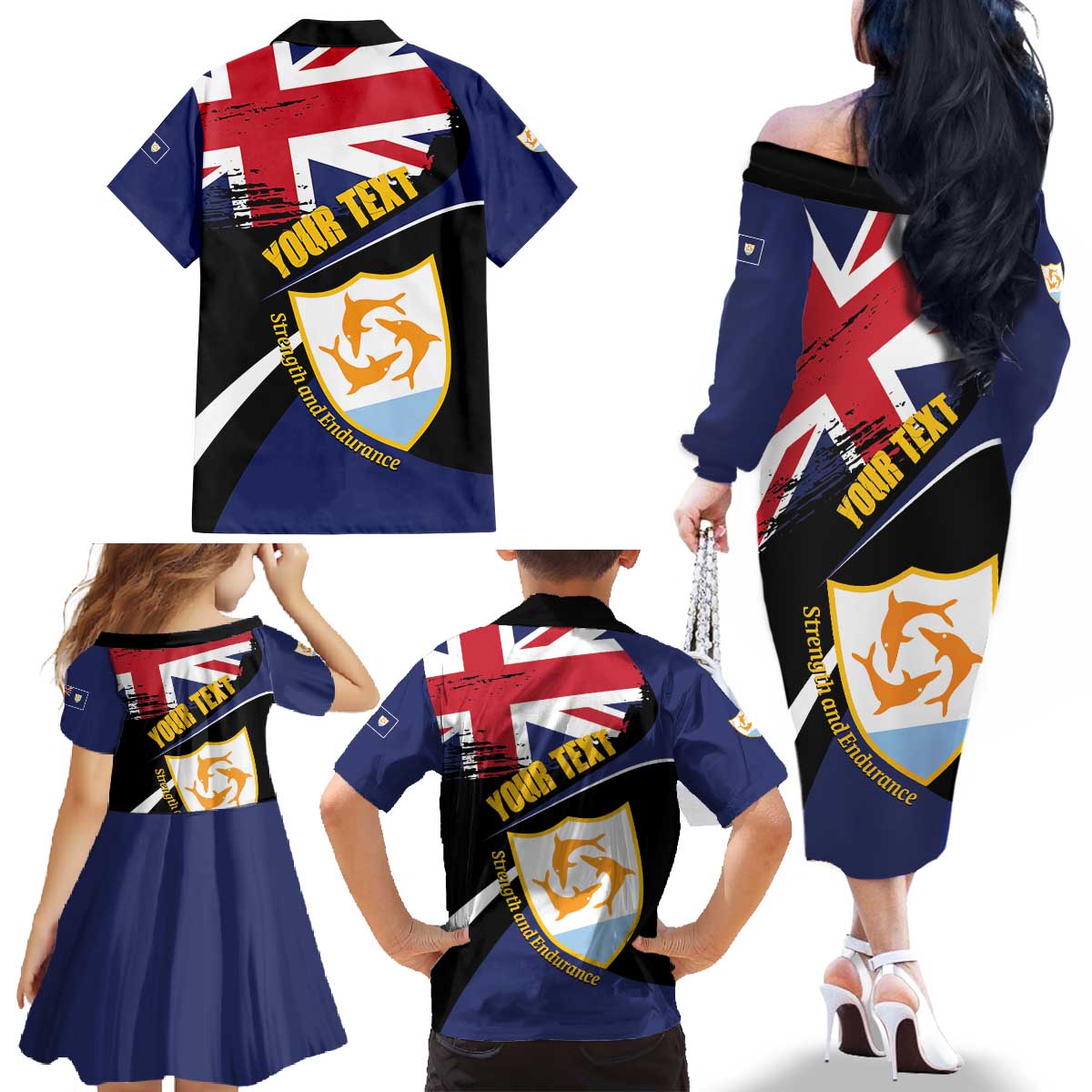 Personalised Anguilla Family Matching Off The Shoulder Long Sleeve Dress and Hawaiian Shirt Strength and Endurance Grunge
