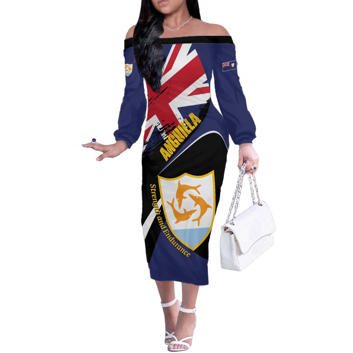 Personalised Anguilla Family Matching Off The Shoulder Long Sleeve Dress and Hawaiian Shirt Strength and Endurance Grunge