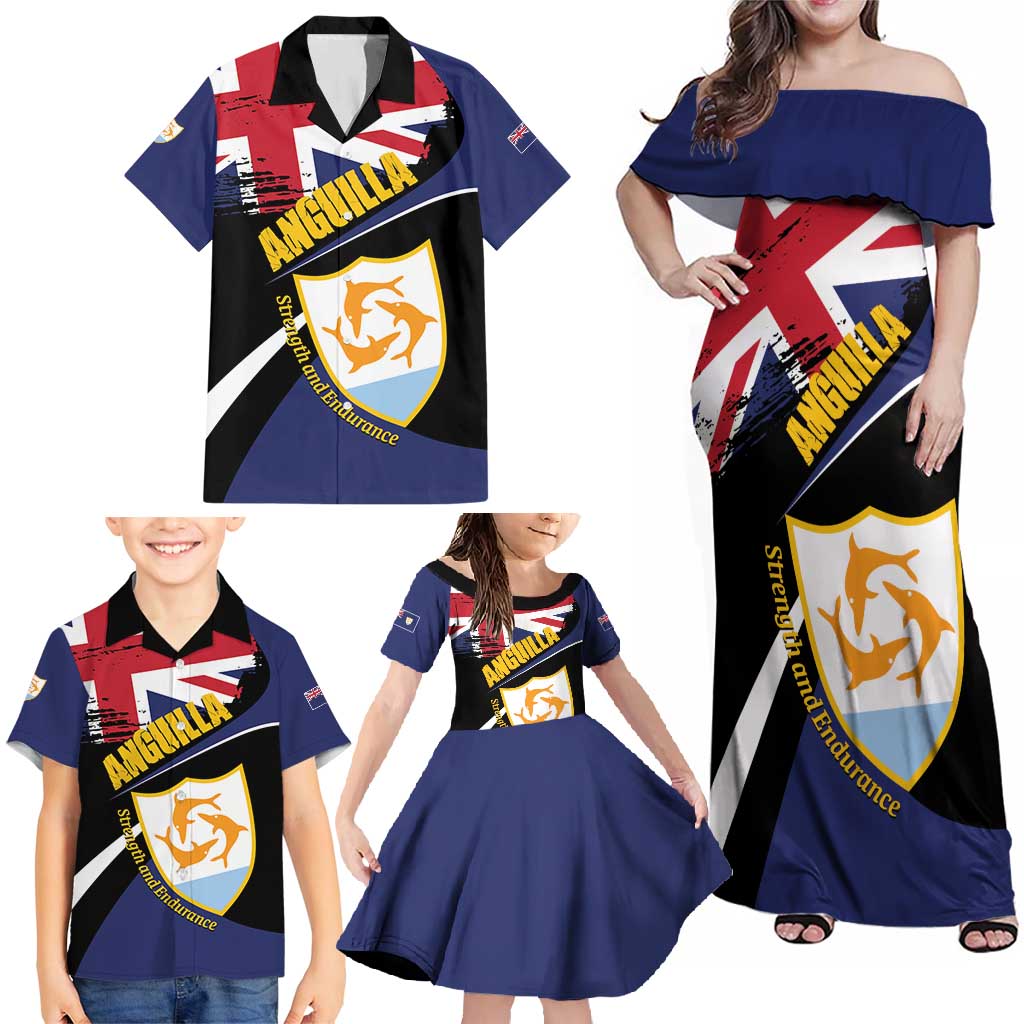 Personalised Anguilla Family Matching Off Shoulder Maxi Dress and Hawaiian Shirt Strength and Endurance Grunge