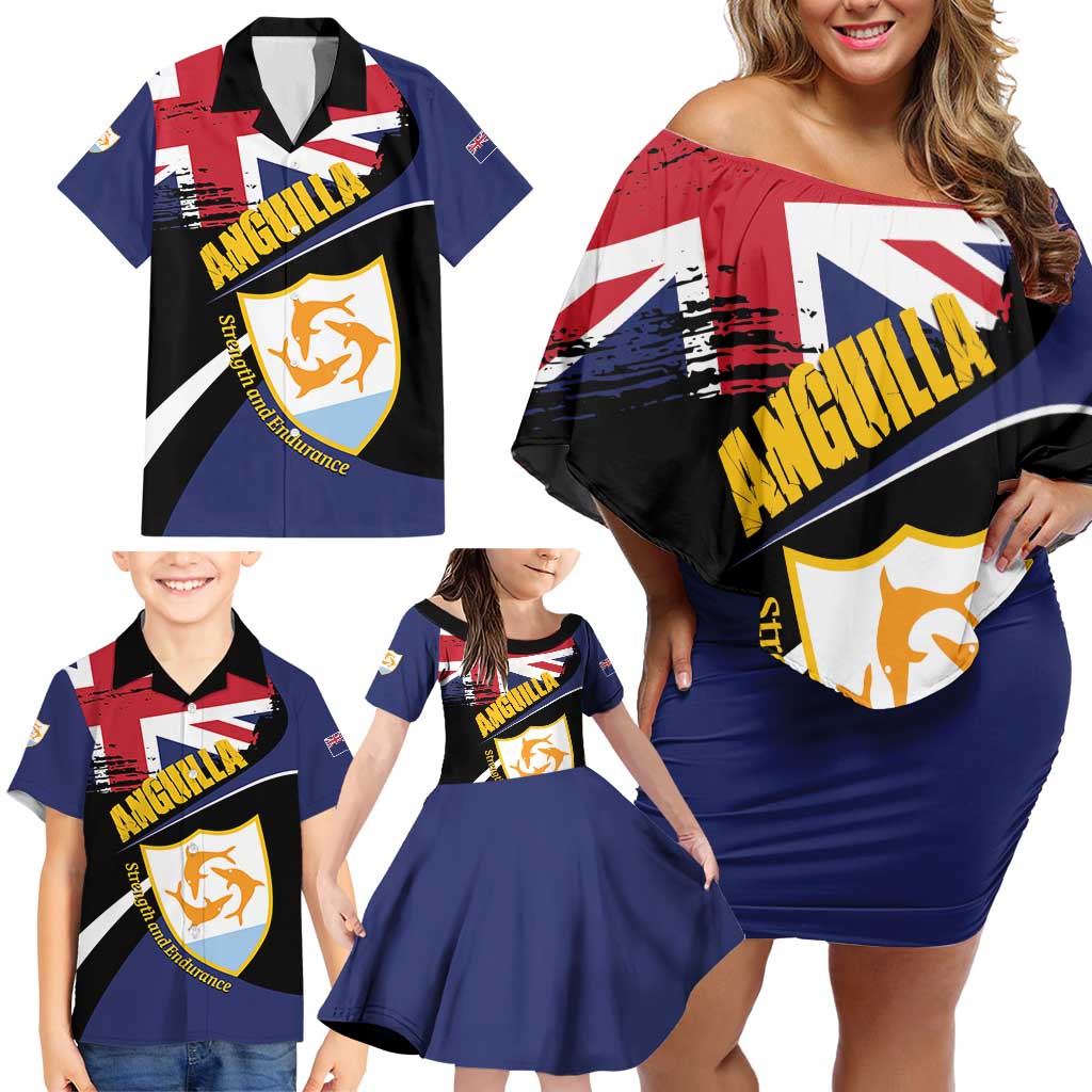 Personalised Anguilla Family Matching Off Shoulder Short Dress and Hawaiian Shirt Strength and Endurance Grunge
