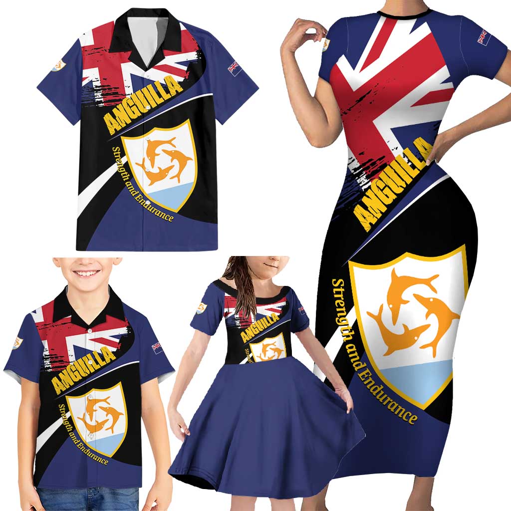 Personalised Anguilla Family Matching Short Sleeve Bodycon Dress and Hawaiian Shirt Strength and Endurance Grunge