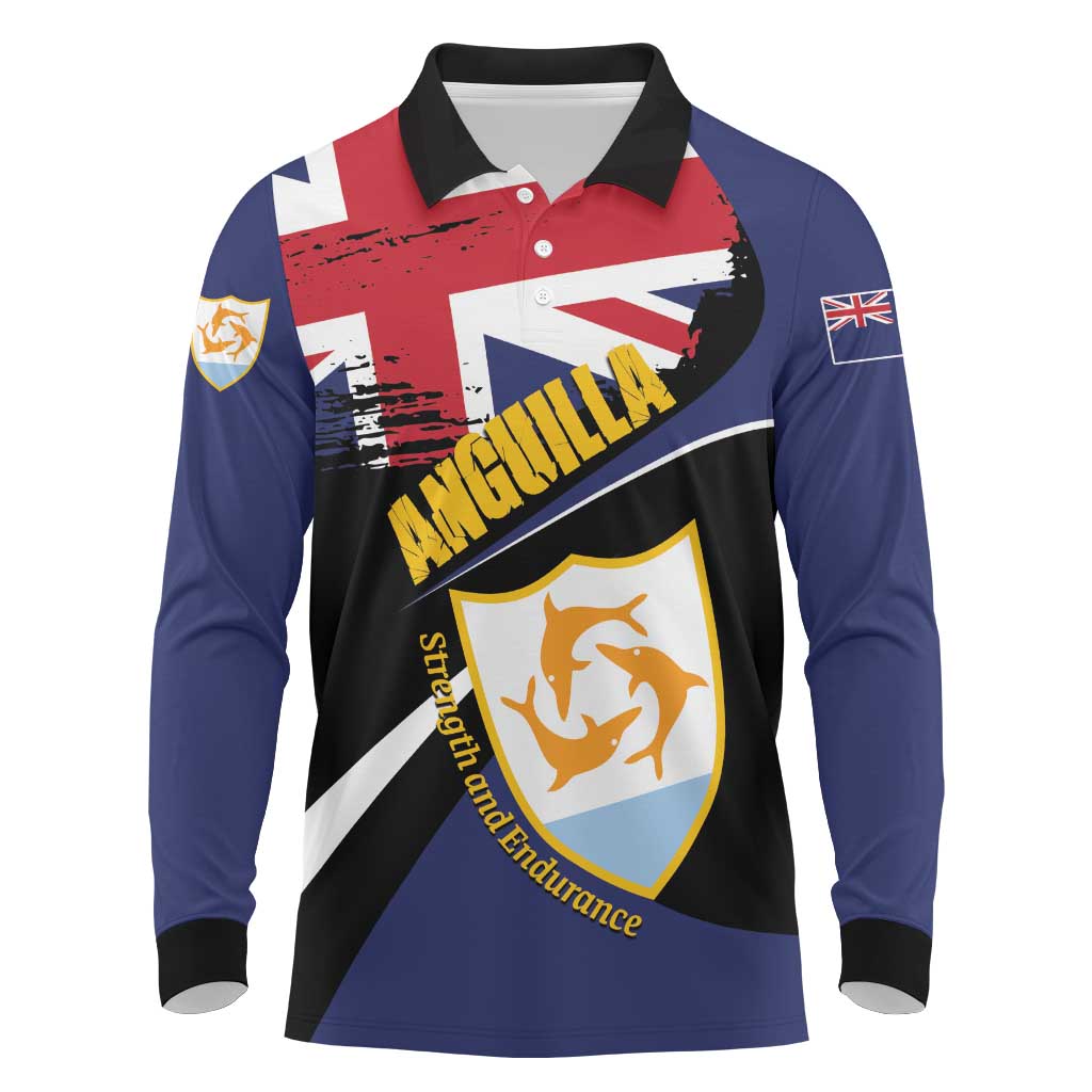Personalised Anguilla Long Sleeve Polo Shirt Strength and Endurance Grunge