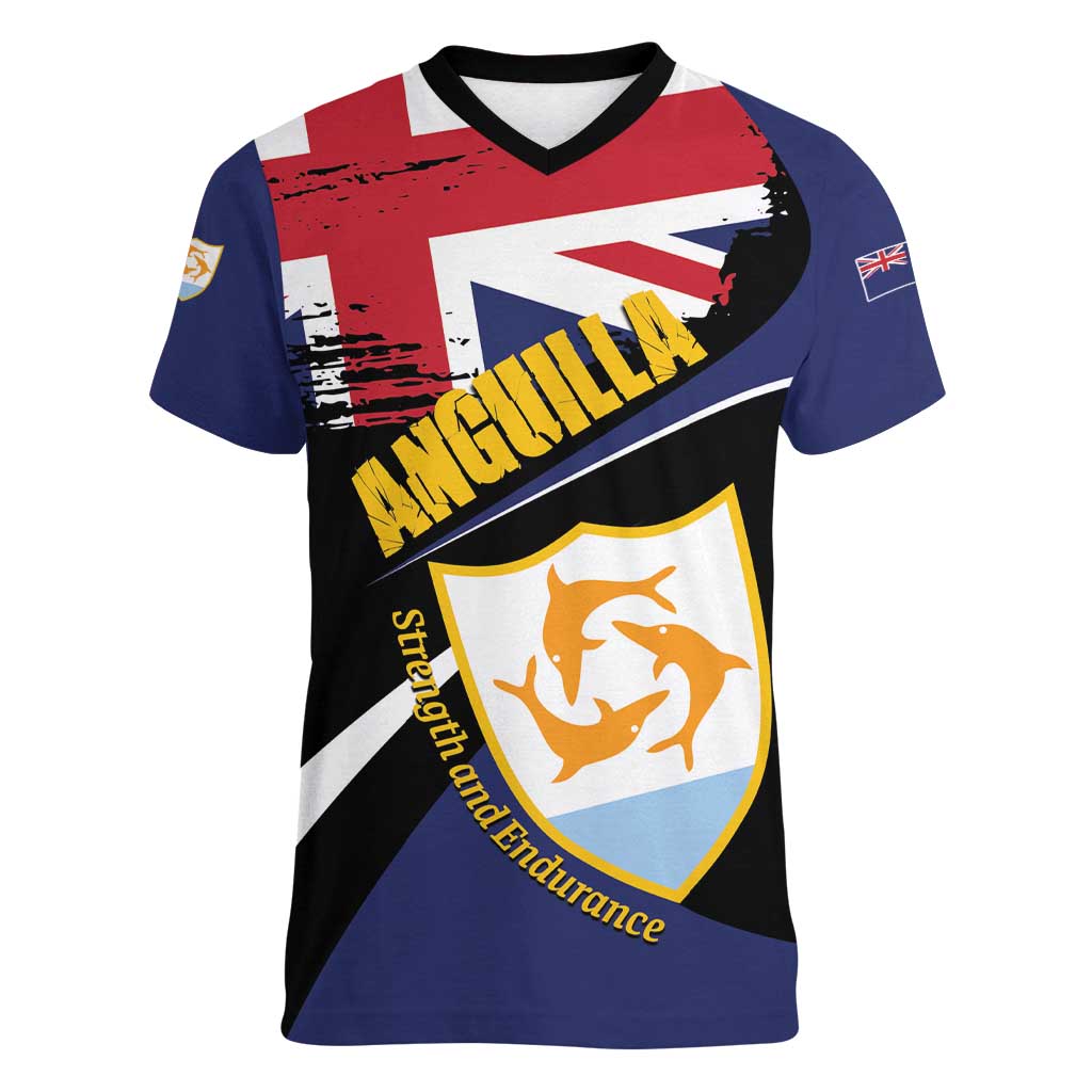 Personalised Anguilla Women V-Neck T-Shirt Strength and Endurance Grunge