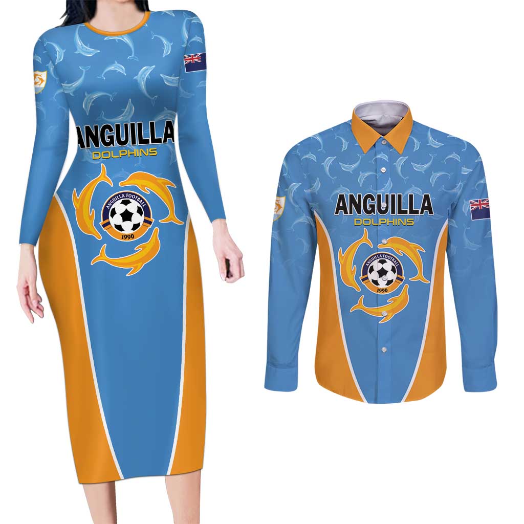 Custom Anguilla Football Couples Matching Long Sleeve Bodycon Dress and Long Sleeve Button Shirt Come On Soccer Dolphins