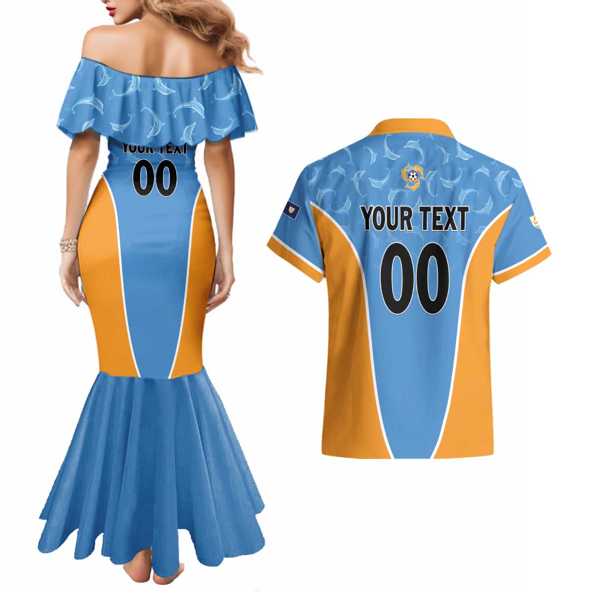 Custom Anguilla Football Couples Matching Mermaid Dress and Hawaiian Shirt Come On Soccer Dolphins