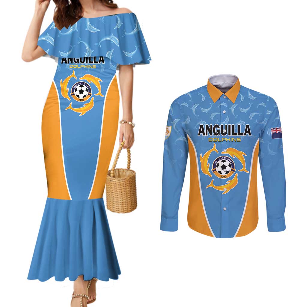 Custom Anguilla Football Couples Matching Mermaid Dress and Long Sleeve Button Shirt Come On Soccer Dolphins