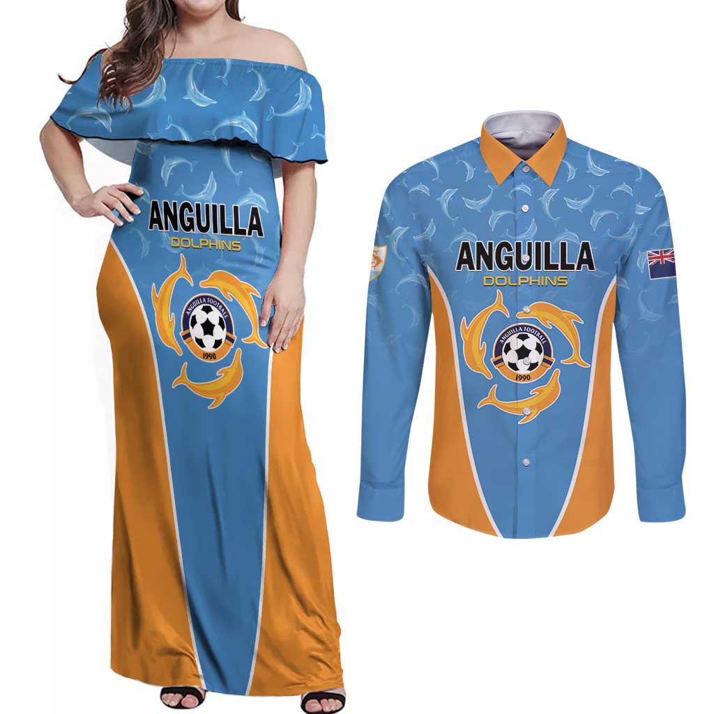 Custom Anguilla Football Couples Matching Off Shoulder Maxi Dress and Long Sleeve Button Shirt Come On Soccer Dolphins