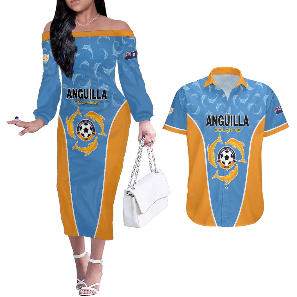 Custom Anguilla Football Couples Matching Off The Shoulder Long Sleeve Dress and Hawaiian Shirt Come On Soccer Dolphins