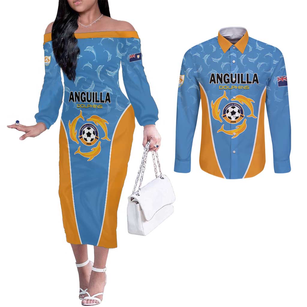 Custom Anguilla Football Couples Matching Off The Shoulder Long Sleeve Dress and Long Sleeve Button Shirt Come On Soccer Dolphins