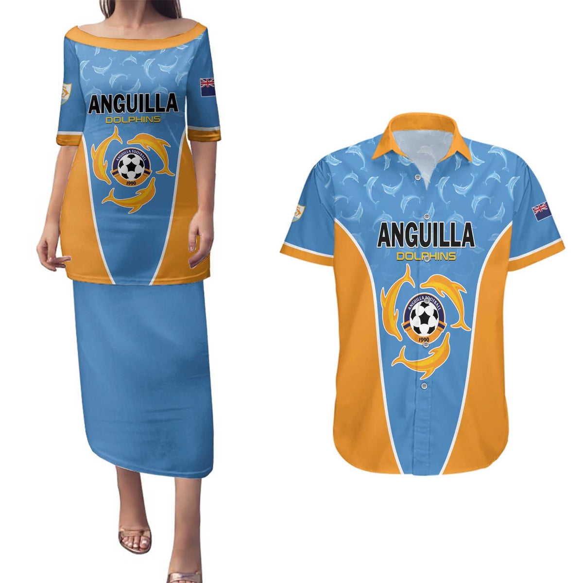 Custom Anguilla Football Couples Matching Puletasi and Hawaiian Shirt Come On Soccer Dolphins