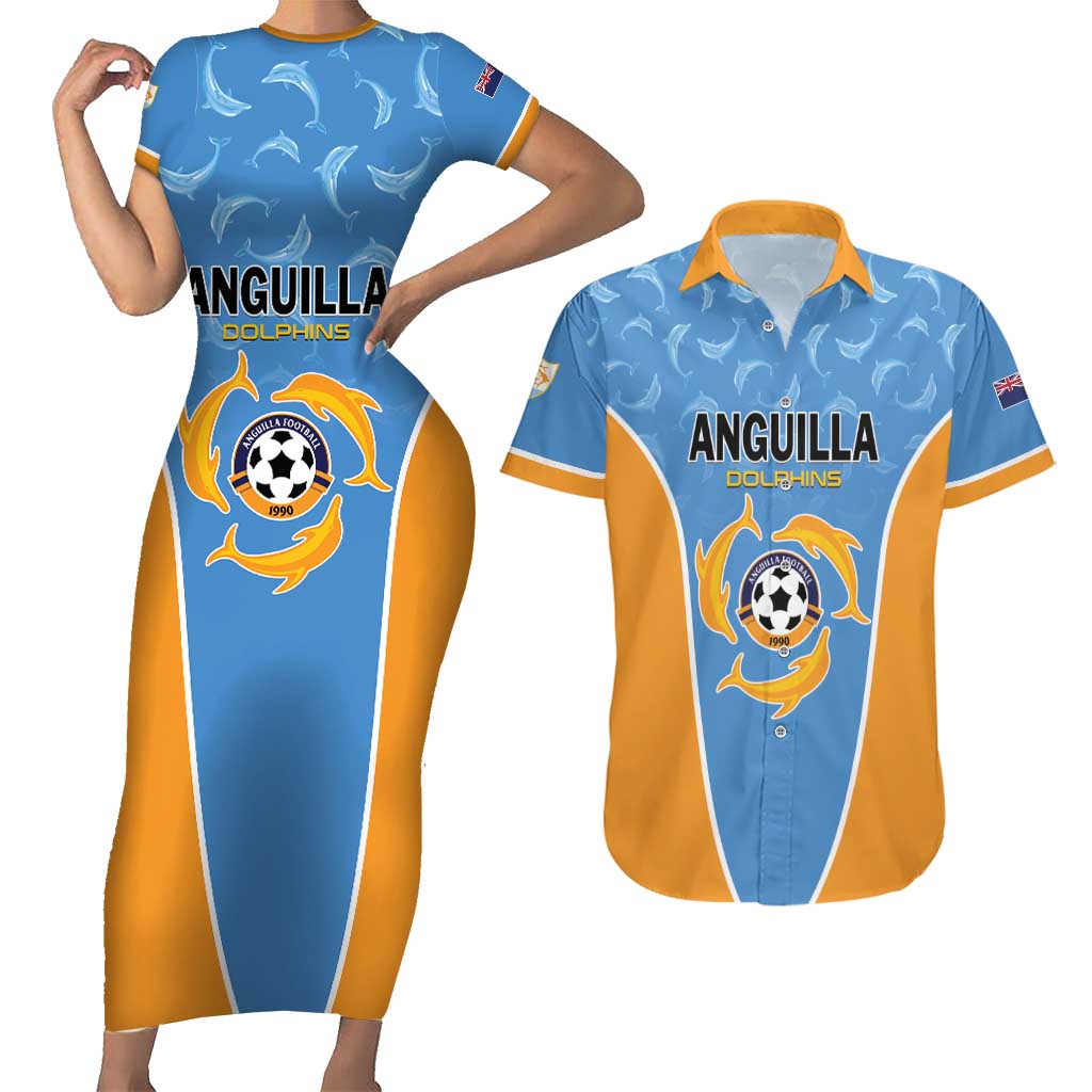 Custom Anguilla Football Couples Matching Short Sleeve Bodycon Dress and Hawaiian Shirt Come On Soccer Dolphins