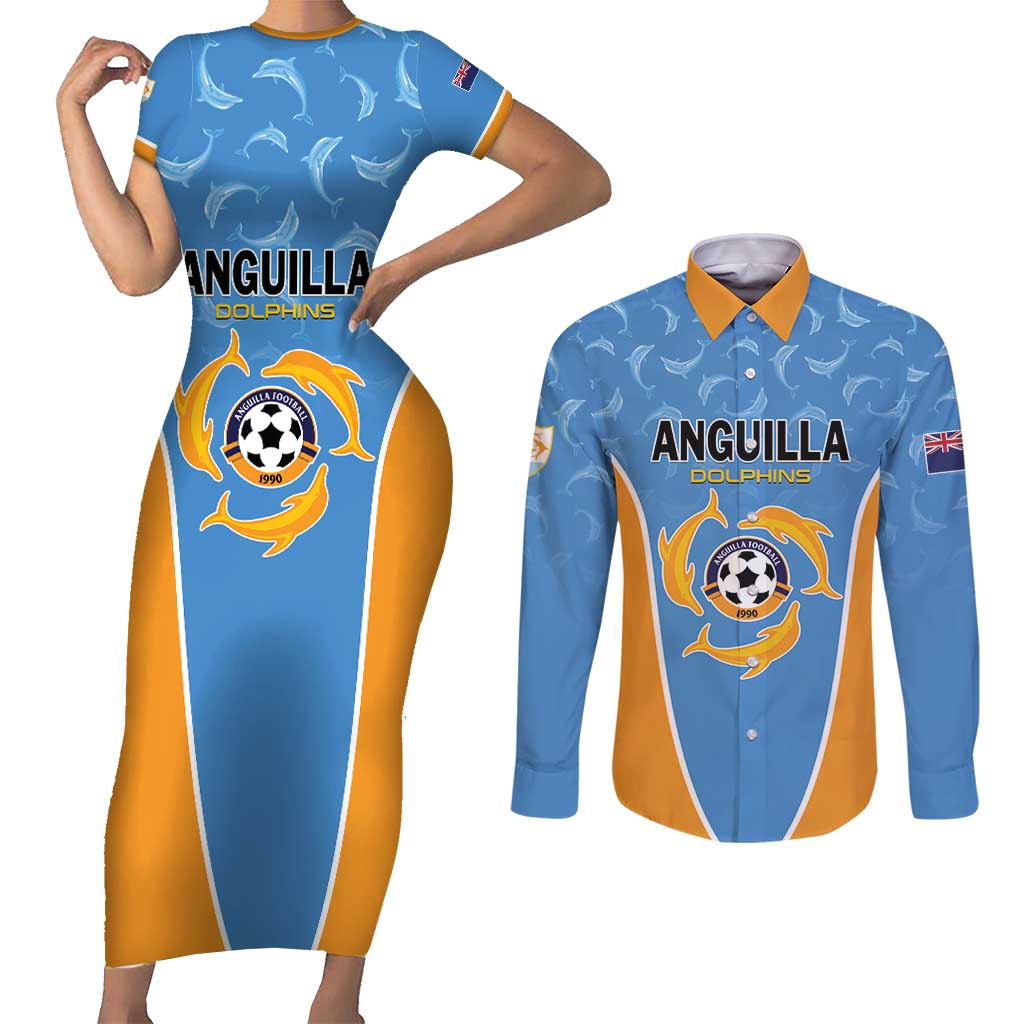 Custom Anguilla Football Couples Matching Short Sleeve Bodycon Dress and Long Sleeve Button Shirt Come On Soccer Dolphins