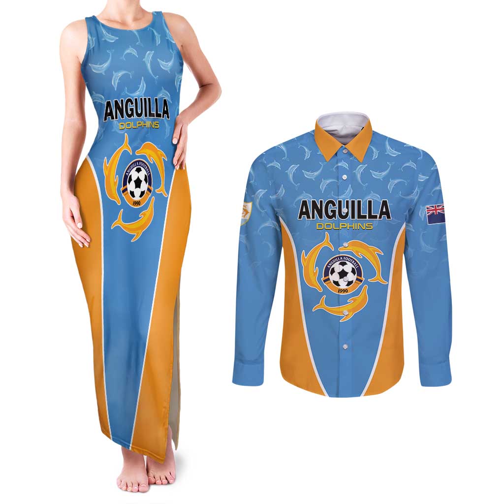Custom Anguilla Football Couples Matching Tank Maxi Dress and Long Sleeve Button Shirt Come On Soccer Dolphins