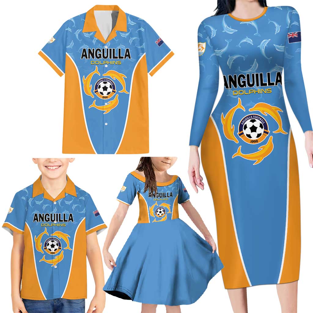 Custom Anguilla Football Family Matching Long Sleeve Bodycon Dress and Hawaiian Shirt Come On Soccer Dolphins