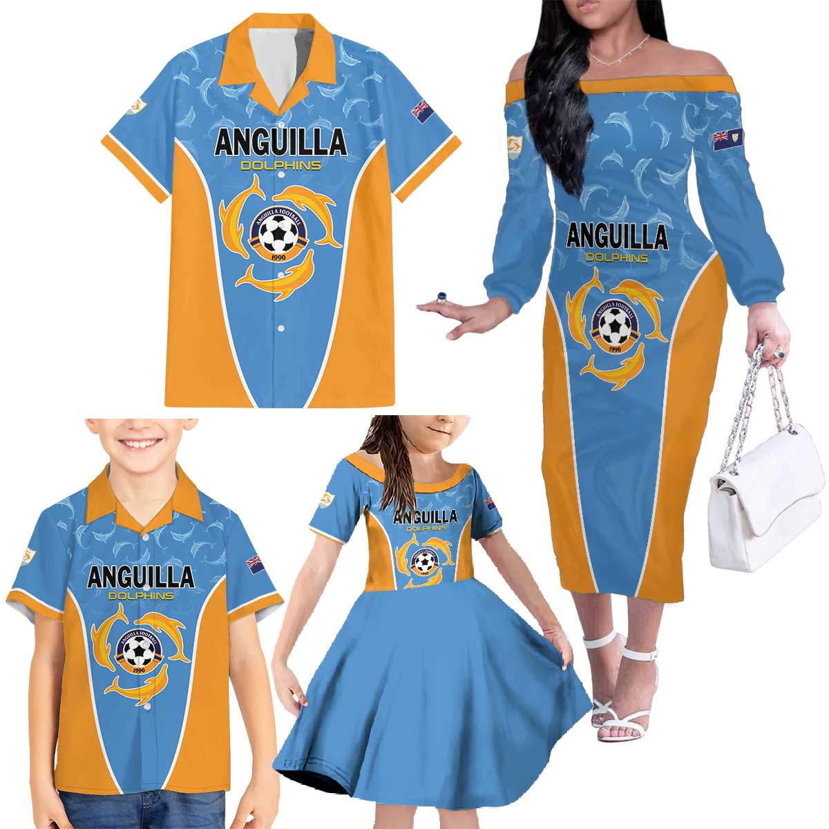 Custom Anguilla Football Family Matching Off The Shoulder Long Sleeve Dress and Hawaiian Shirt Come On Soccer Dolphins