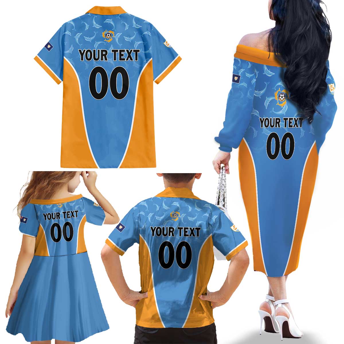 Custom Anguilla Football Family Matching Off The Shoulder Long Sleeve Dress and Hawaiian Shirt Come On Soccer Dolphins