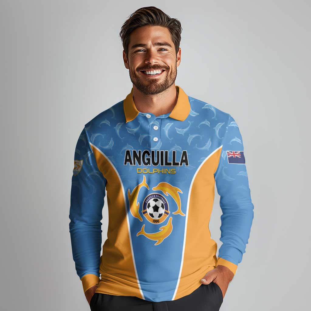 Custom Anguilla Football Long Sleeve Polo Shirt Come On Soccer Dolphins