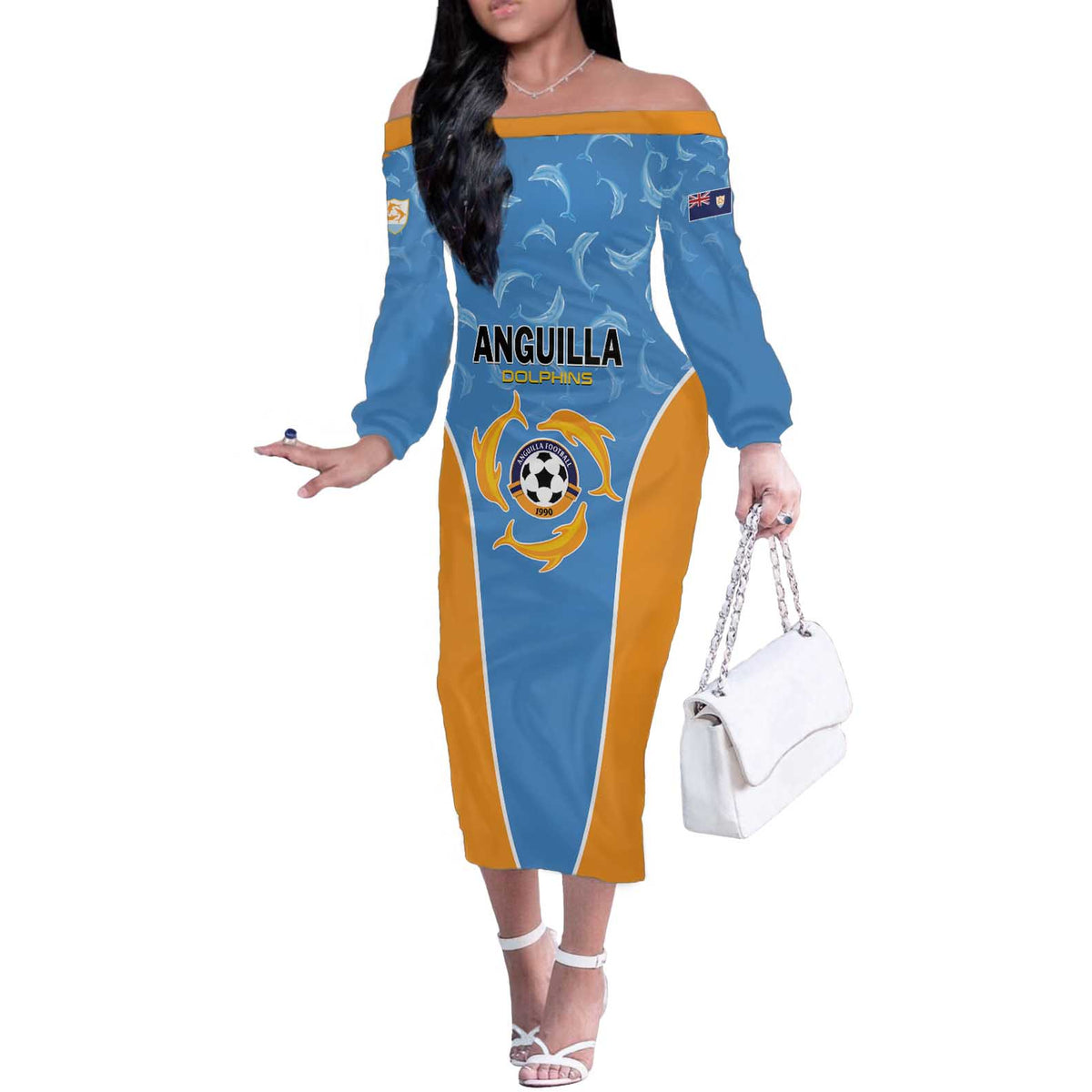 Custom Anguilla Football Off The Shoulder Long Sleeve Dress Come On Soccer Dolphins