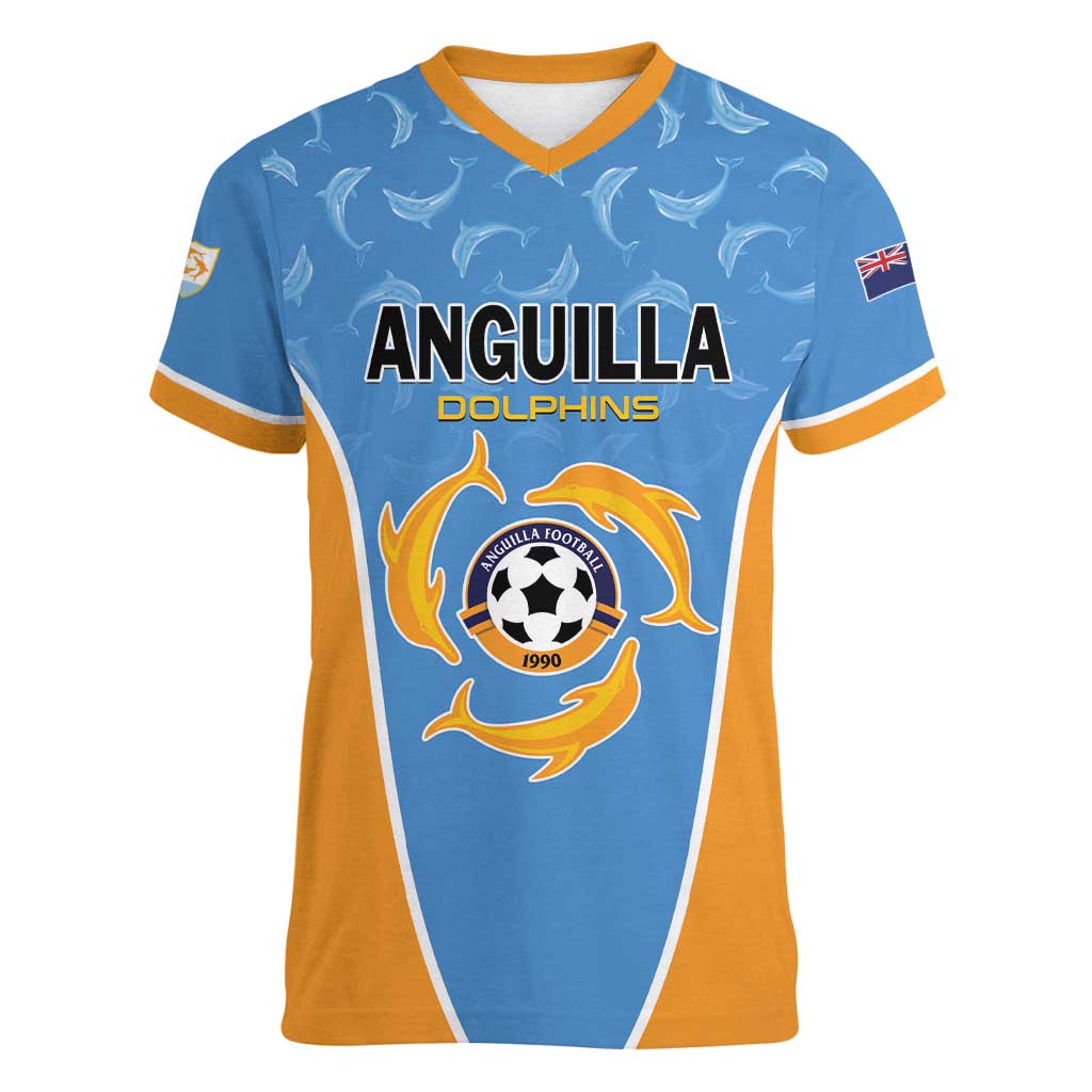 Custom Anguilla Football Women V-Neck T-Shirt Come On Soccer Dolphins