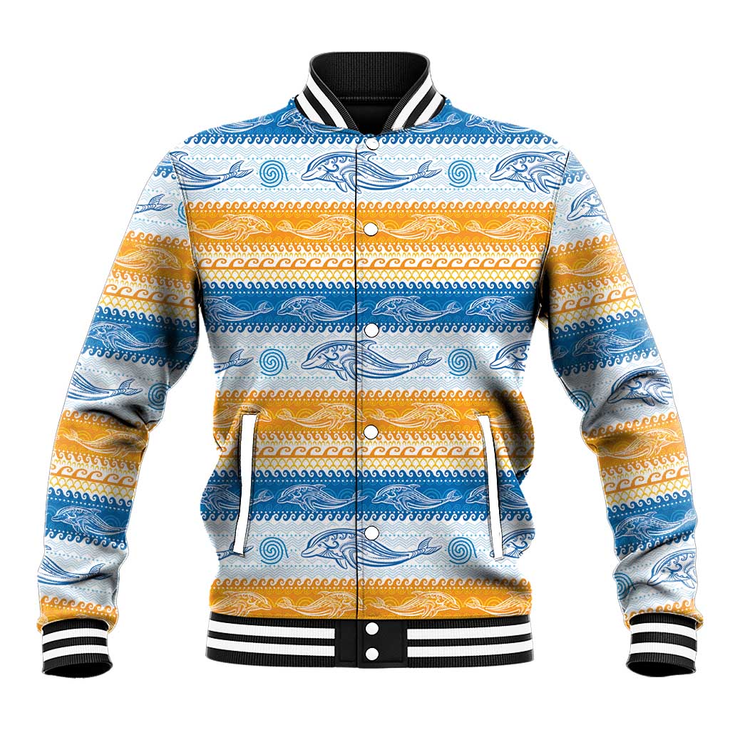 Anguilla Dolphins Pattern Baseball Jacket Orange And Blue