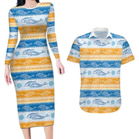 Anguilla Dolphins Pattern Couples Matching Long Sleeve Bodycon Dress and Hawaiian Shirt Orange And Blue