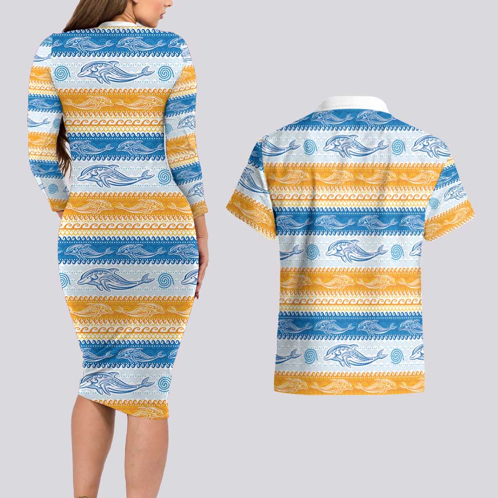 Anguilla Dolphins Pattern Couples Matching Long Sleeve Bodycon Dress and Hawaiian Shirt Orange And Blue