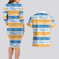 Anguilla Dolphins Pattern Couples Matching Long Sleeve Bodycon Dress and Hawaiian Shirt Orange And Blue
