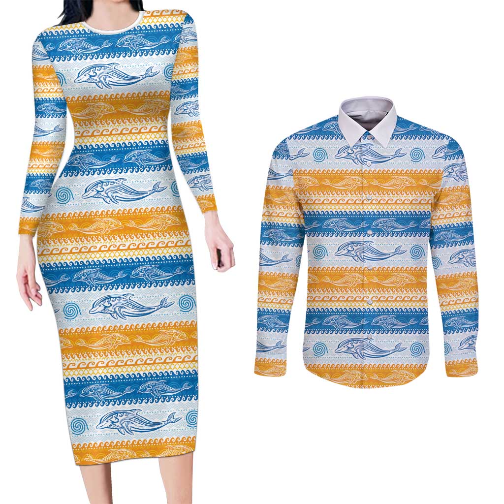 Anguilla Dolphins Pattern Couples Matching Long Sleeve Bodycon Dress and Long Sleeve Button Shirt Orange And Blue