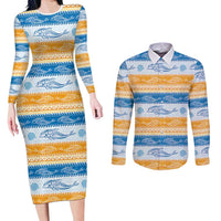 Anguilla Dolphins Pattern Couples Matching Long Sleeve Bodycon Dress and Long Sleeve Button Shirt Orange And Blue