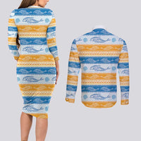 Anguilla Dolphins Pattern Couples Matching Long Sleeve Bodycon Dress and Long Sleeve Button Shirt Orange And Blue