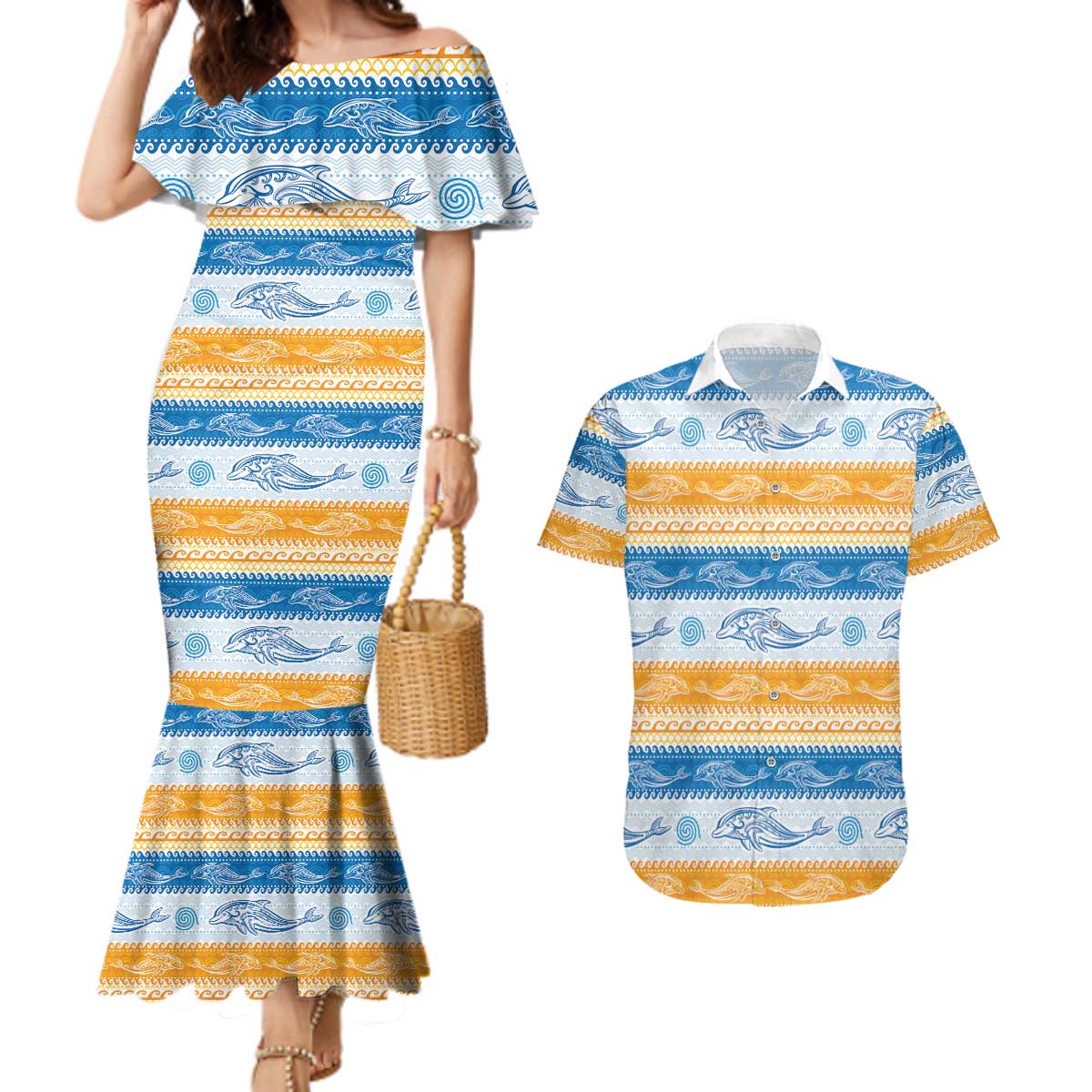Anguilla Dolphins Pattern Couples Matching Mermaid Dress and Hawaiian Shirt Orange And Blue