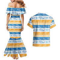 Anguilla Dolphins Pattern Couples Matching Mermaid Dress and Hawaiian Shirt Orange And Blue