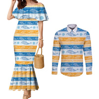 Anguilla Dolphins Pattern Couples Matching Mermaid Dress and Long Sleeve Button Shirt Orange And Blue