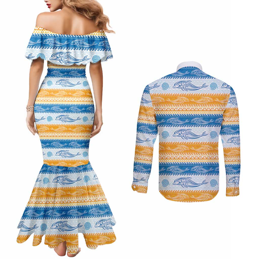 Anguilla Dolphins Pattern Couples Matching Mermaid Dress and Long Sleeve Button Shirt Orange And Blue