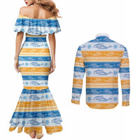 Anguilla Dolphins Pattern Couples Matching Mermaid Dress and Long Sleeve Button Shirt Orange And Blue