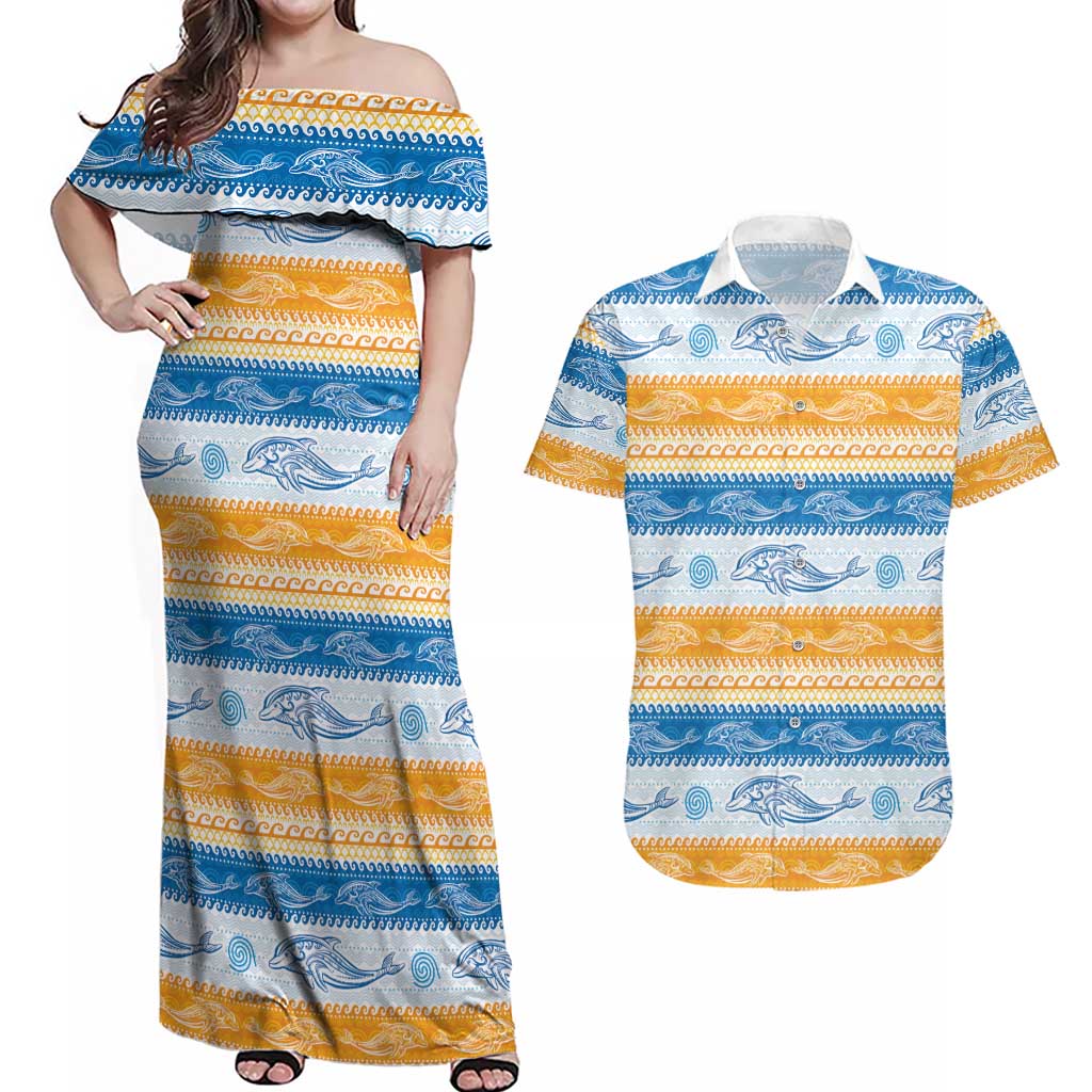 Anguilla Dolphins Pattern Couples Matching Off Shoulder Maxi Dress and Hawaiian Shirt Orange And Blue