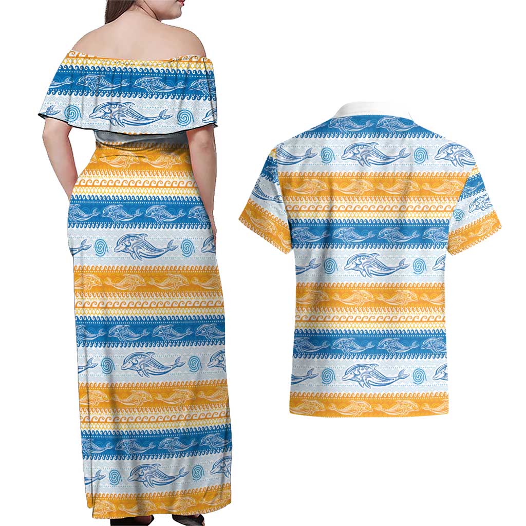 Anguilla Dolphins Pattern Couples Matching Off Shoulder Maxi Dress and Hawaiian Shirt Orange And Blue