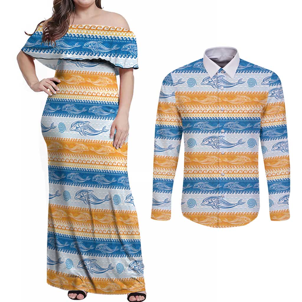Anguilla Dolphins Pattern Couples Matching Off Shoulder Maxi Dress and Long Sleeve Button Shirt Orange And Blue