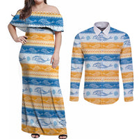 Anguilla Dolphins Pattern Couples Matching Off Shoulder Maxi Dress and Long Sleeve Button Shirt Orange And Blue