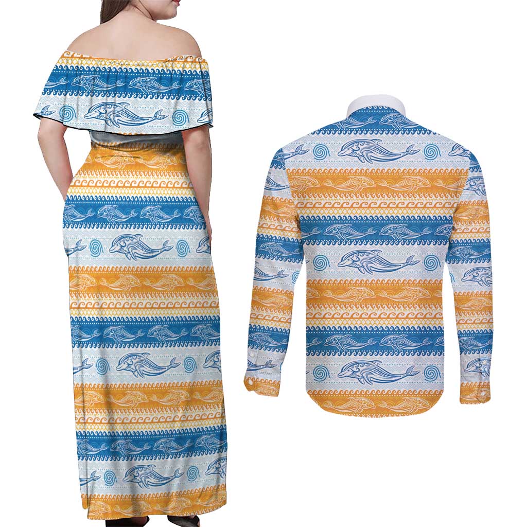 Anguilla Dolphins Pattern Couples Matching Off Shoulder Maxi Dress and Long Sleeve Button Shirt Orange And Blue