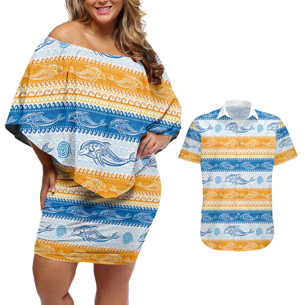 Anguilla Dolphins Pattern Couples Matching Off Shoulder Short Dress and Hawaiian Shirt Orange And Blue