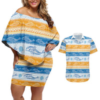 Anguilla Dolphins Pattern Couples Matching Off Shoulder Short Dress and Hawaiian Shirt Orange And Blue