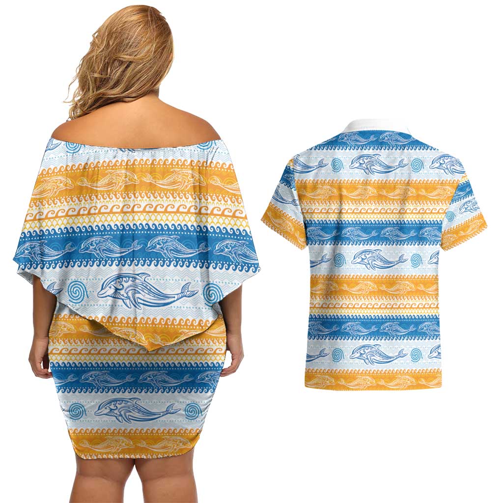 Anguilla Dolphins Pattern Couples Matching Off Shoulder Short Dress and Hawaiian Shirt Orange And Blue